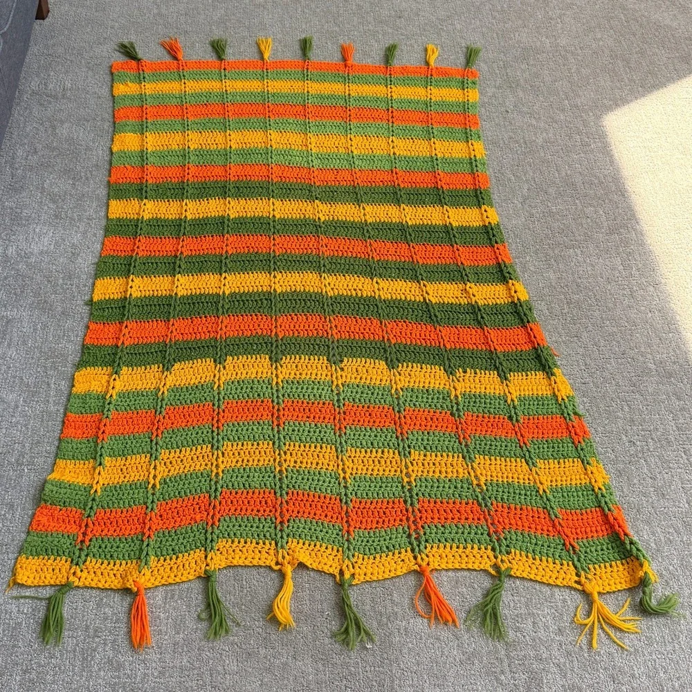 Vintage Handmade Crochet Throw Blanket Fringe‎ Boho Orange Green Yellow Afghan